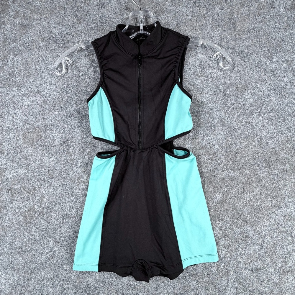 Bloch Girls Size 10 Black Teal Biketard Leotard FrontZip Cut-Out‎ Dance Unitard